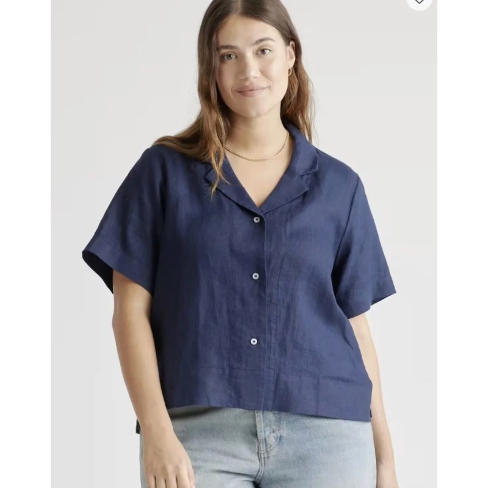 Quince Womens European Linen Short Sleeve Shirt Size XL Deep Navy